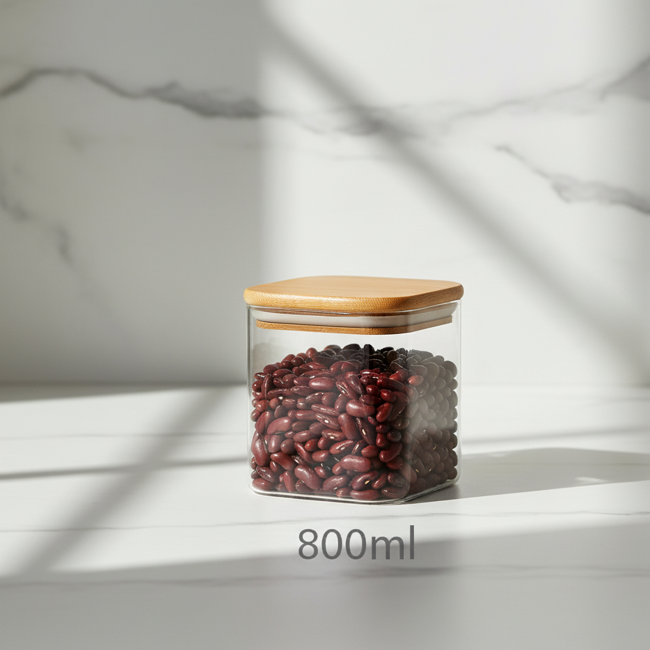 A Glass Storage Jar is Stored with Beans.