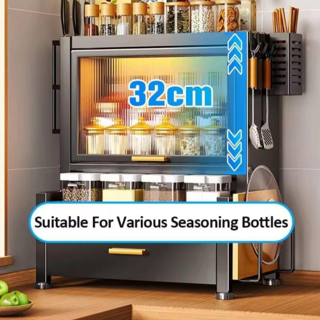 A Kitchen Countertop Spice Rack is Placed on the corner of kitchen with spices.