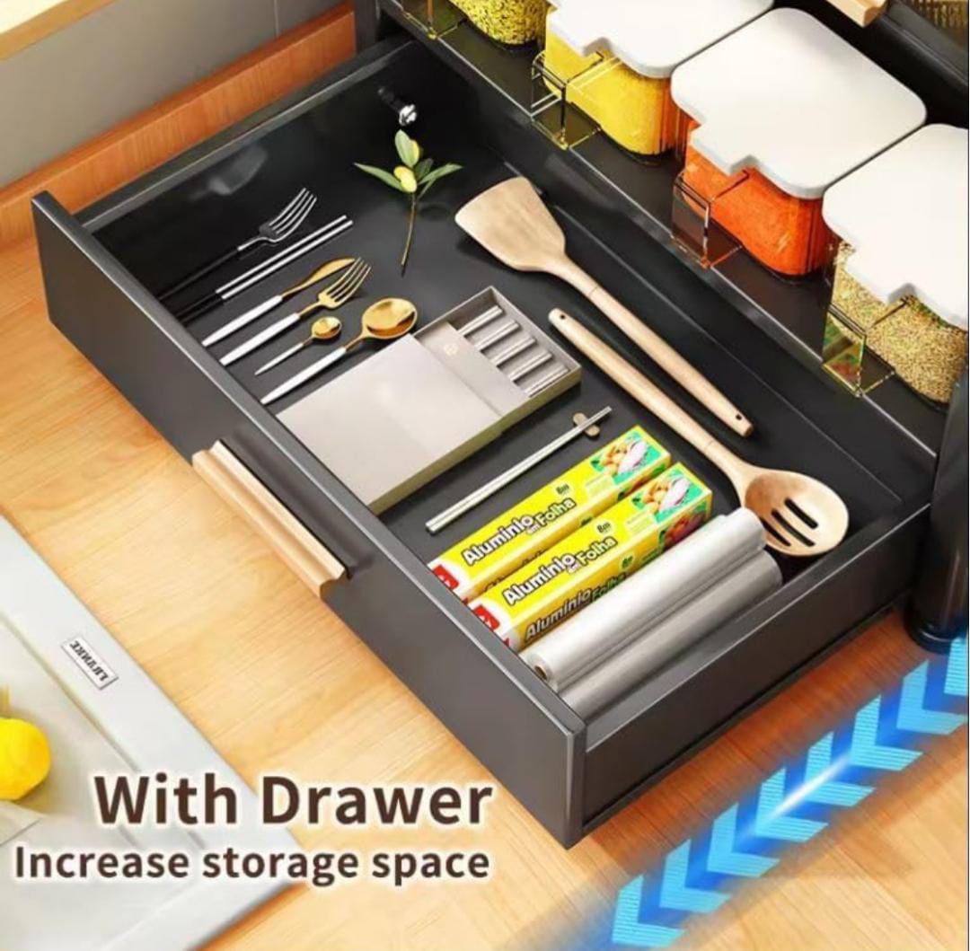 Drawer Of A Kitchen Countertop Spice Rack with kitchen essentials.