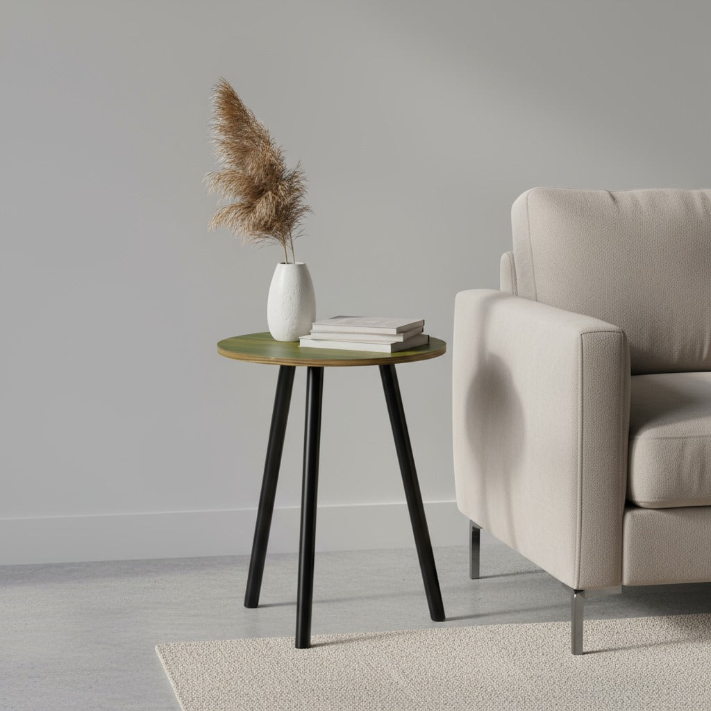 A Modern Round Wooden Side Coffee Table Organized with Some Books are Placed Next to Sofa.