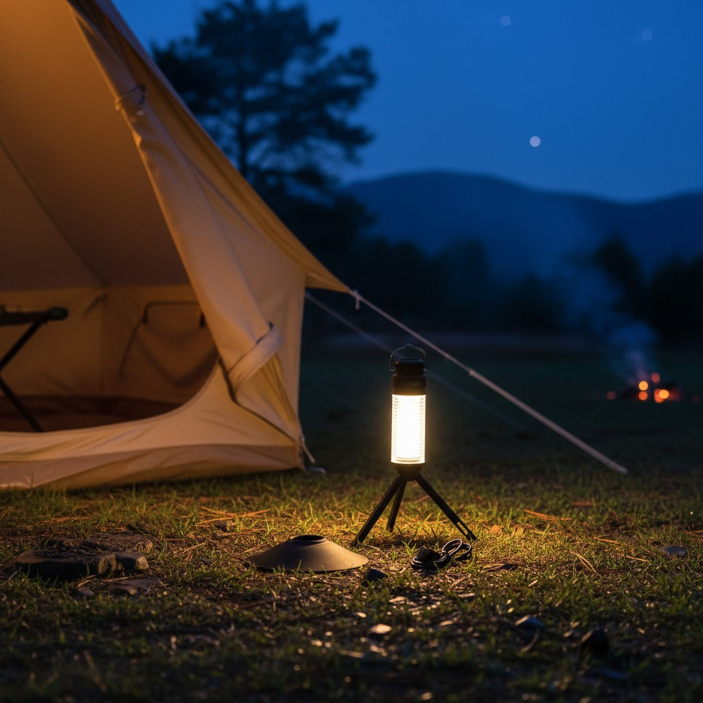A Multi-Functional Lighthouse Camping Light is Kept Near Camping Tent.