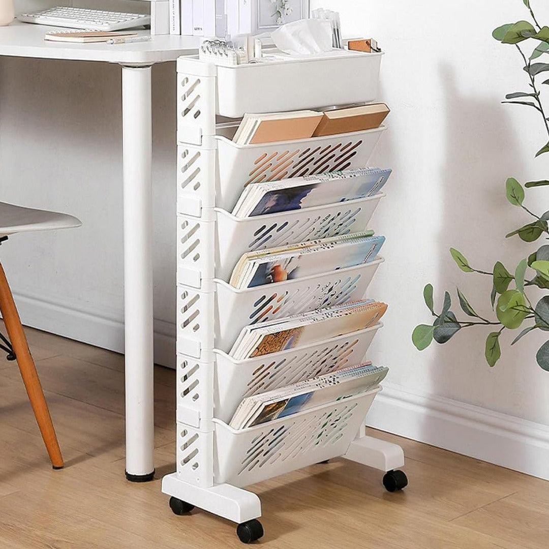 A Rolling Bookshelf Rack Is Organized with Books.