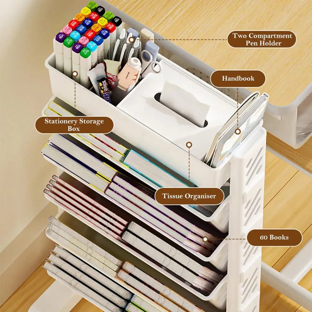 Sections Of A Rolling Bookshelf Rack Is Organized with Books.