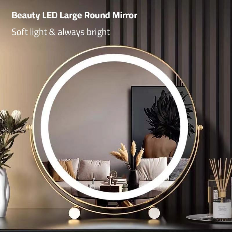 A Round LED Makeup Mirror is Placed in a Living Area.