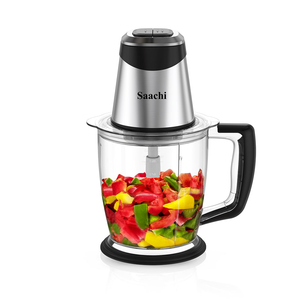 A Saachi 1.5L Electric Chopper & Egg Beater with Vgetetables Ready to Chop.