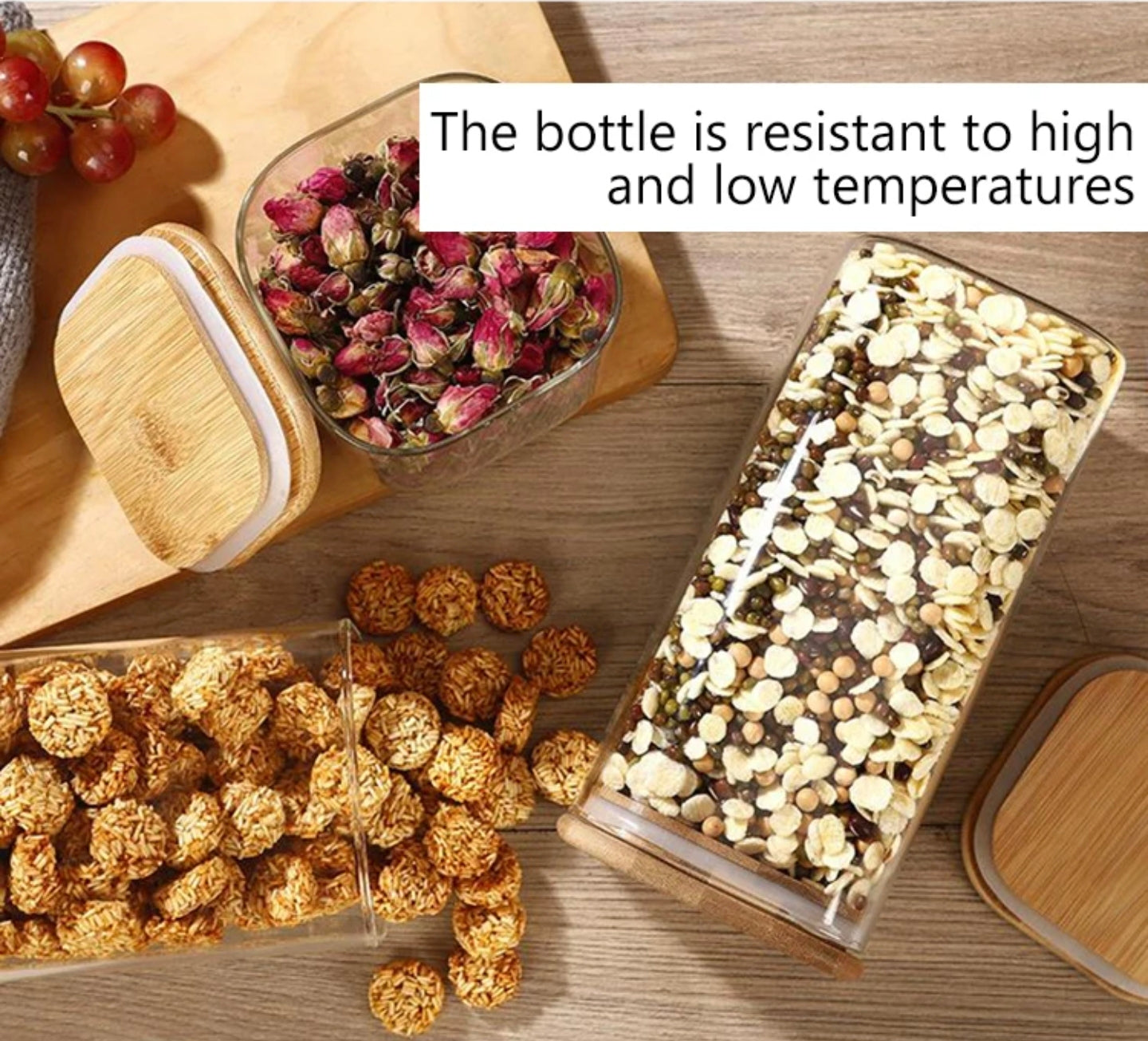 A Set Of Glass Storage Jars are Filled with Spices.