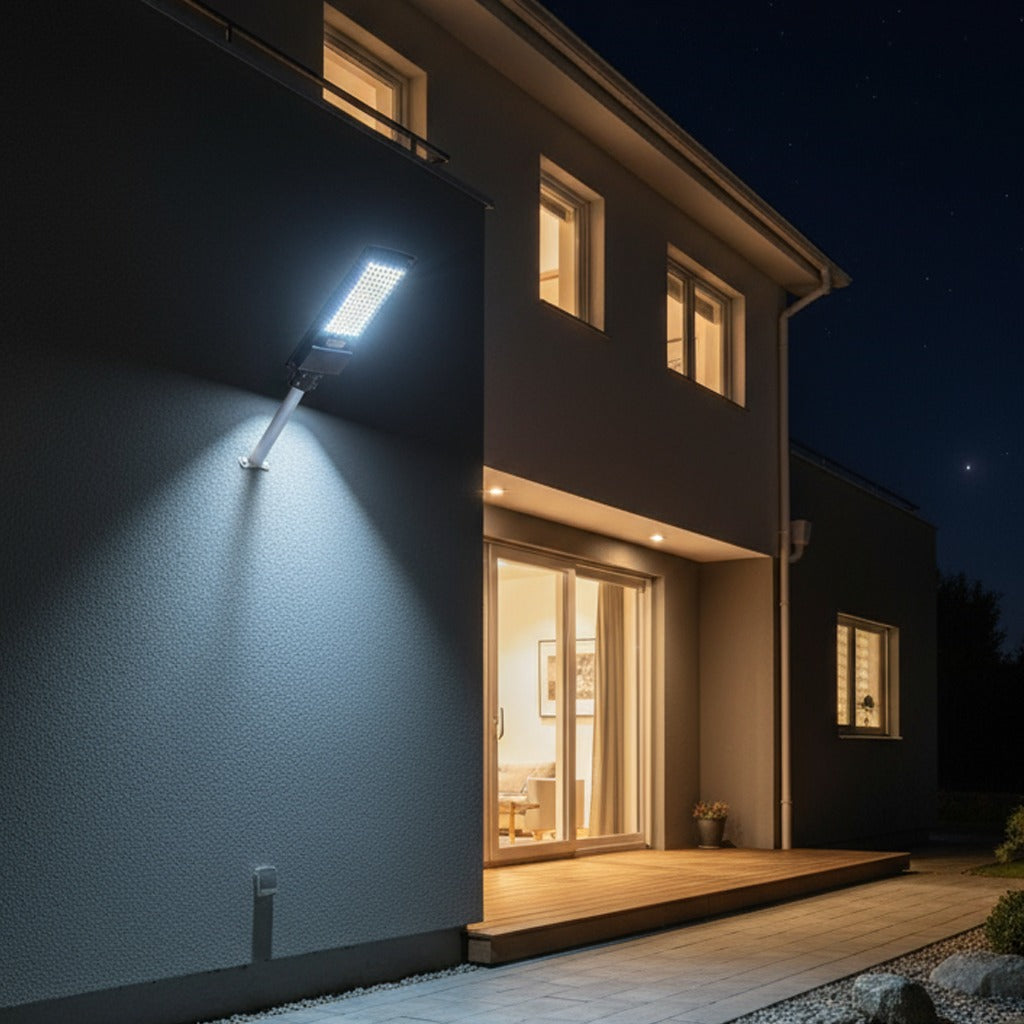 A Solar LED Street Light illuminates the side of a modern house