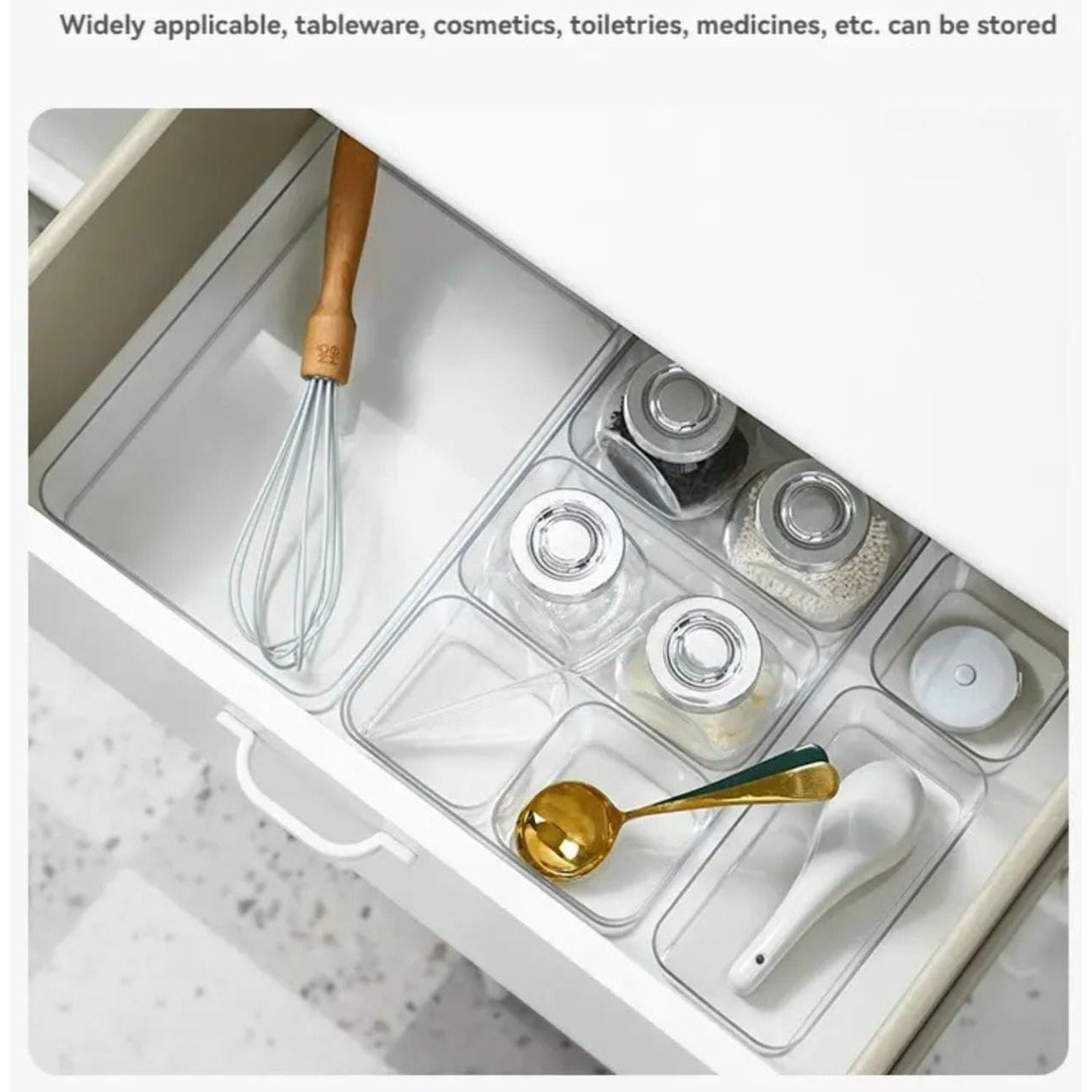 A Storage Organizer Tray is Organized with Kitchen Essentials.