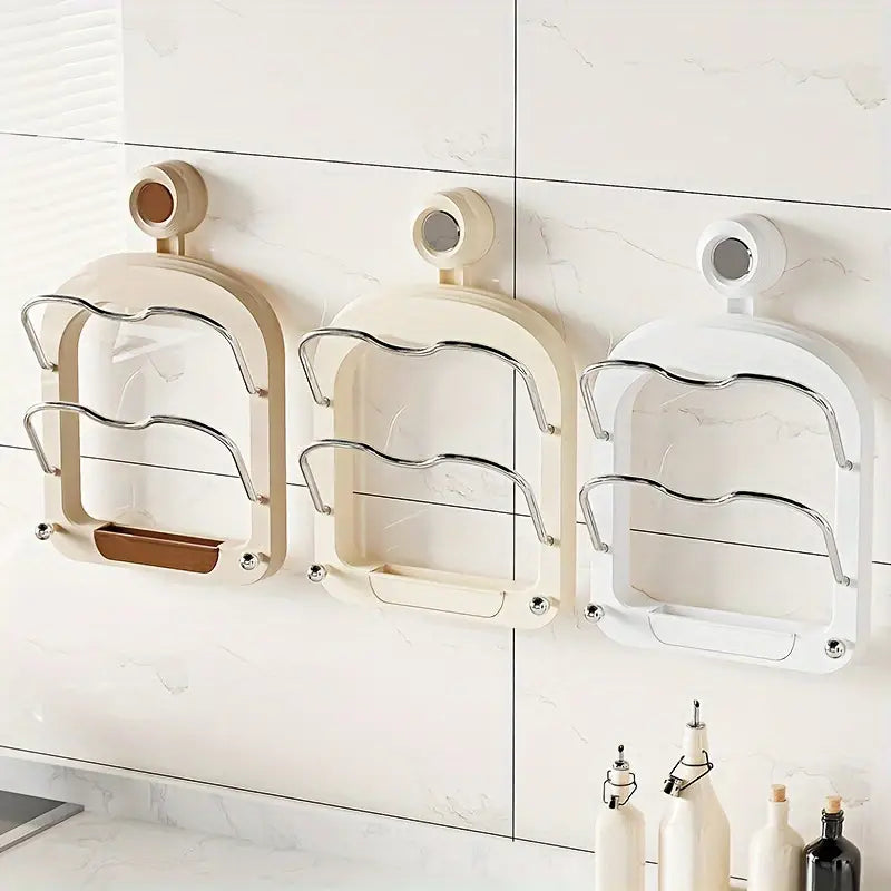 3 Suction Cup Pot Lid Holder With Lids Attached on the Wall.