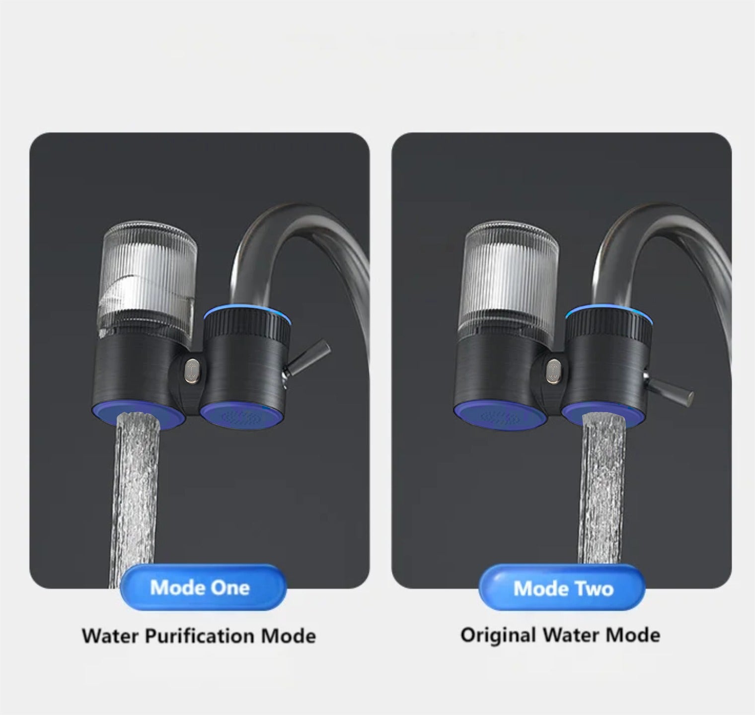 A Tap Water Purifier is Connected to Kitchen Faucet and Shows Different Modes.