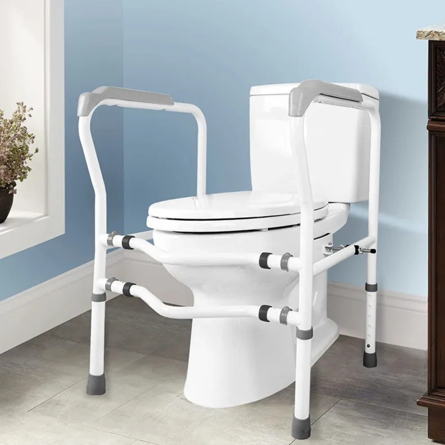 A Toilet Safety Rail is Attached to Closet.