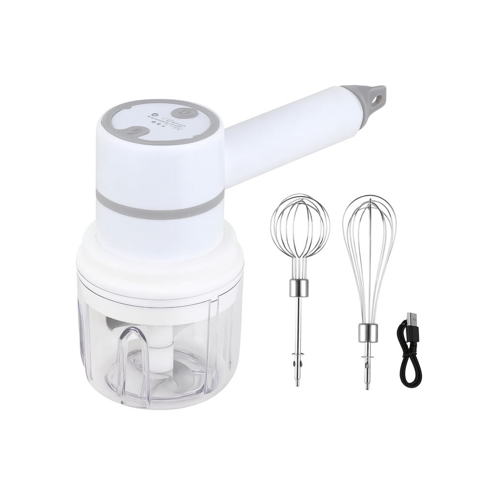 A USB Rechargeable Hand Mixer with its Accessories.