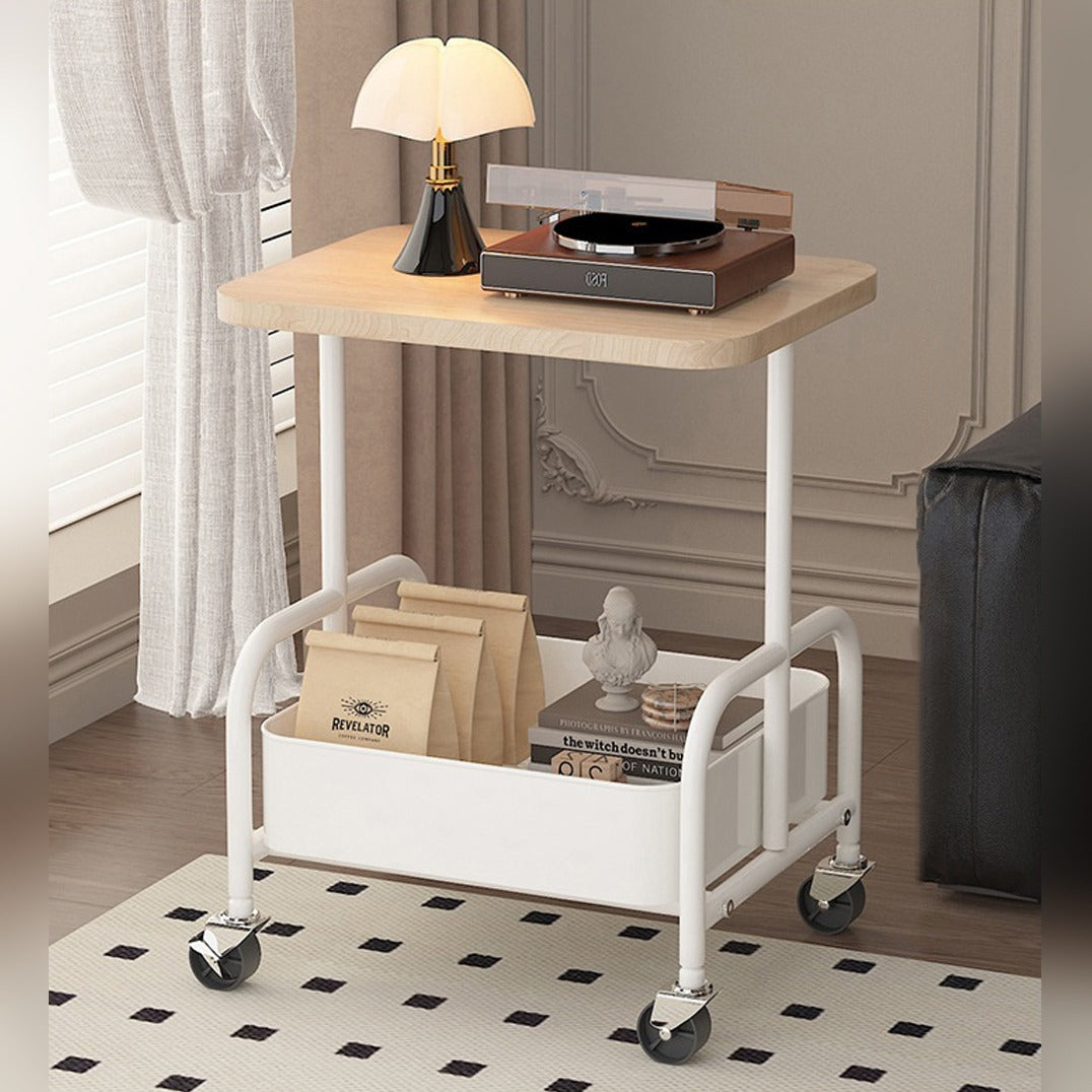 A Vintage Mobile Multi-Function Side Table Organized with Decor Items.