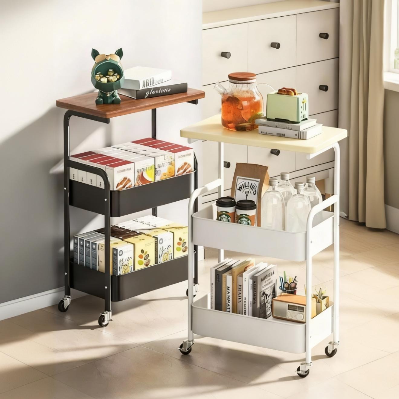 A Vintage Mobile Multi-Function Side Tables are Organized with  Home Essentials.