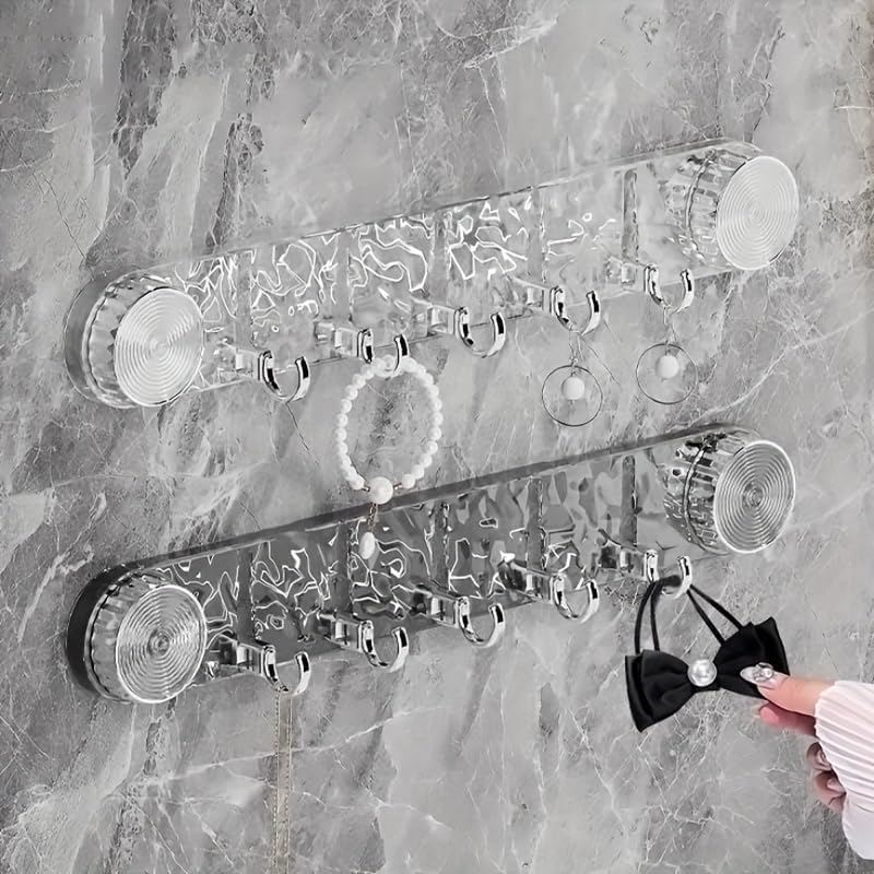 A Person is Taking Hair Accessories from A Wall Mounted Suction Hook Holder is Fixed on a Wall.