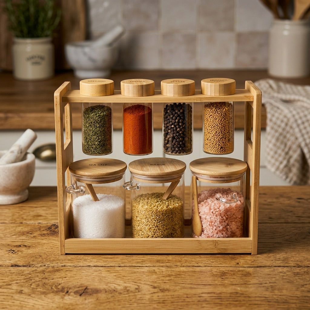 A bamboo spice rack organizer with glass jars, neatly displaying assorted spices and herbs with wooden lids and scoops for stylish kitchen storage.