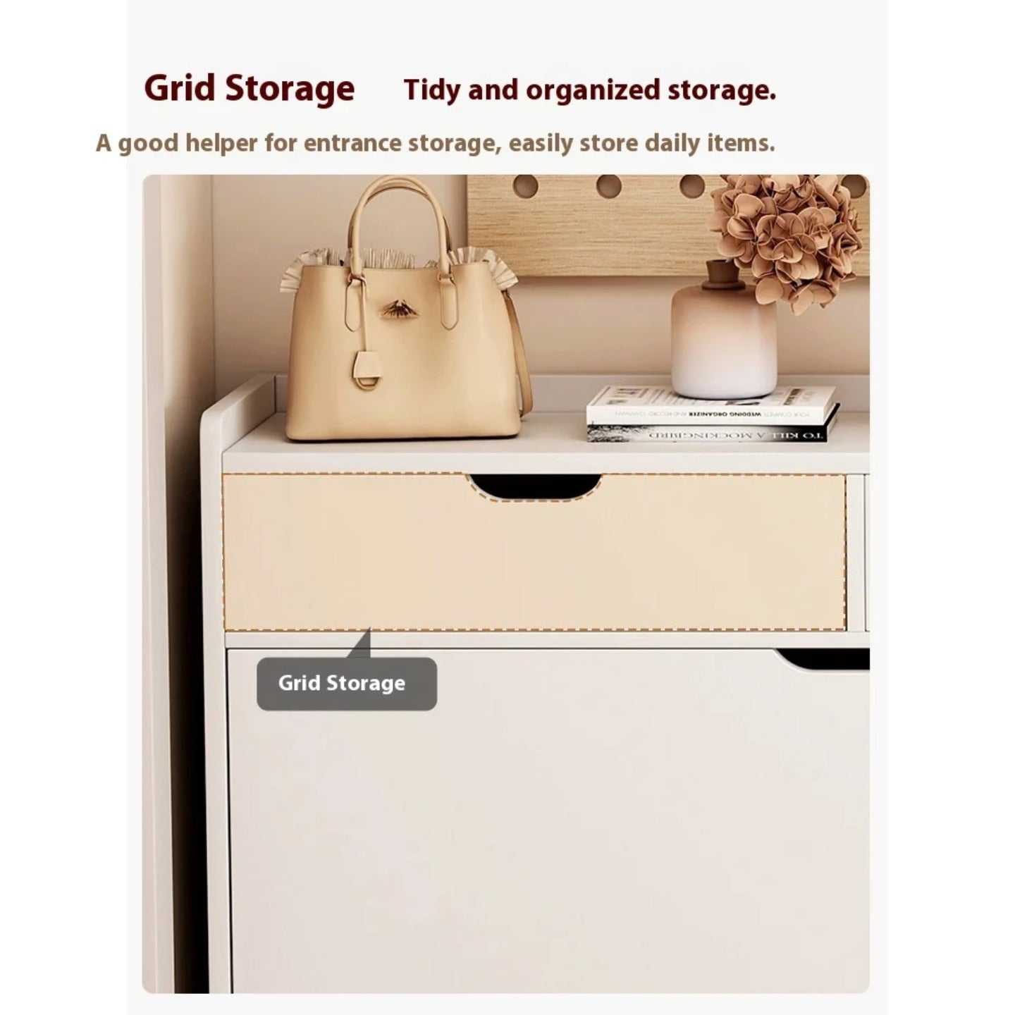 A modern shoe cabinet shelf with flip drawers arranged with bag and home decor.