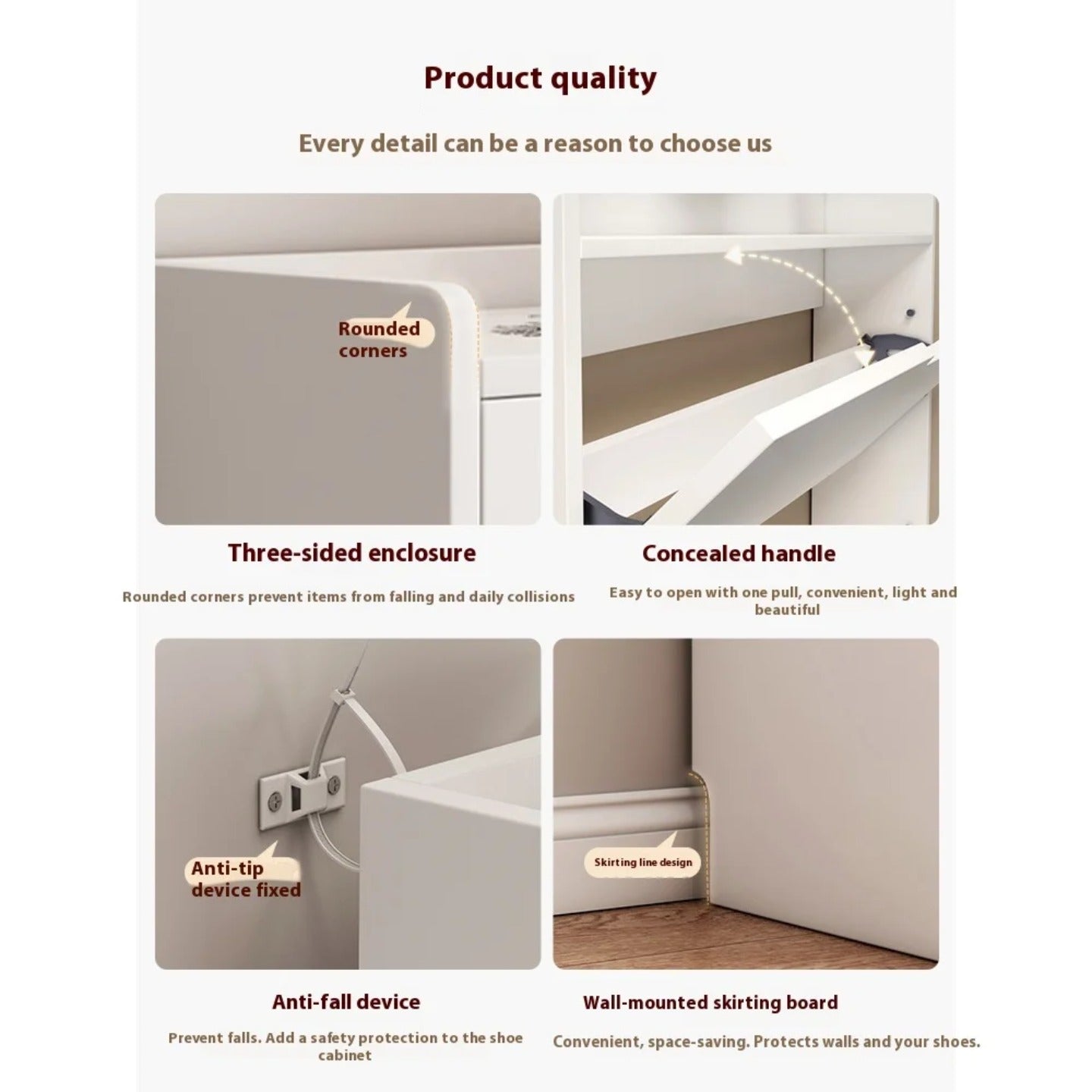 Design details of modern shoe cabinet shelf with flip drawers.