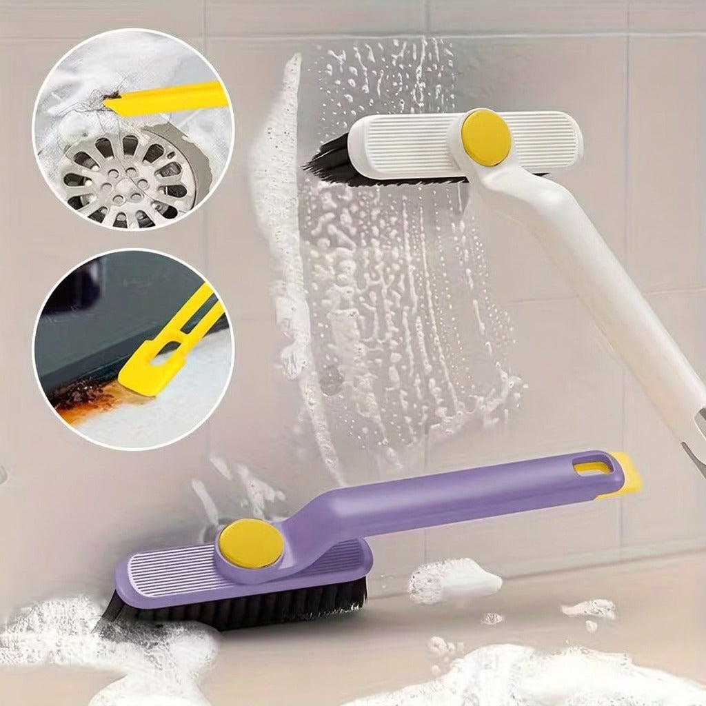A multi-function rotating cleaning brush with an adjustable head, designed to scrub tiles, corners, and tight crevices, featuring a built-in scraper for removing tough dirt and grime.