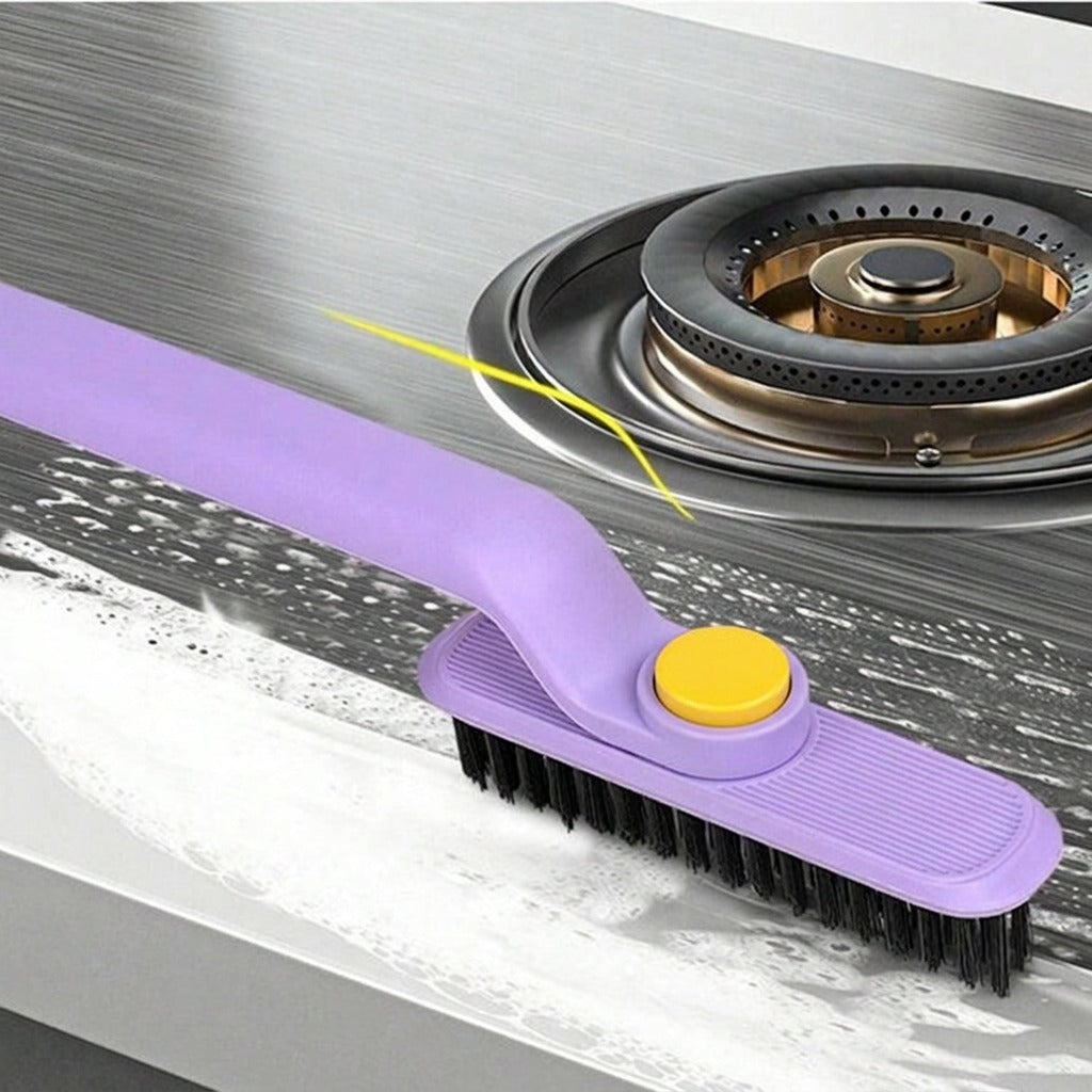 A multi-function rotating cleaning brush with an adjustable head is scrubbing gas stove.