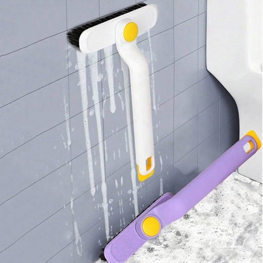 A multi-function rotating cleaning brush with an adjustable head is scrubbing the wall tile.