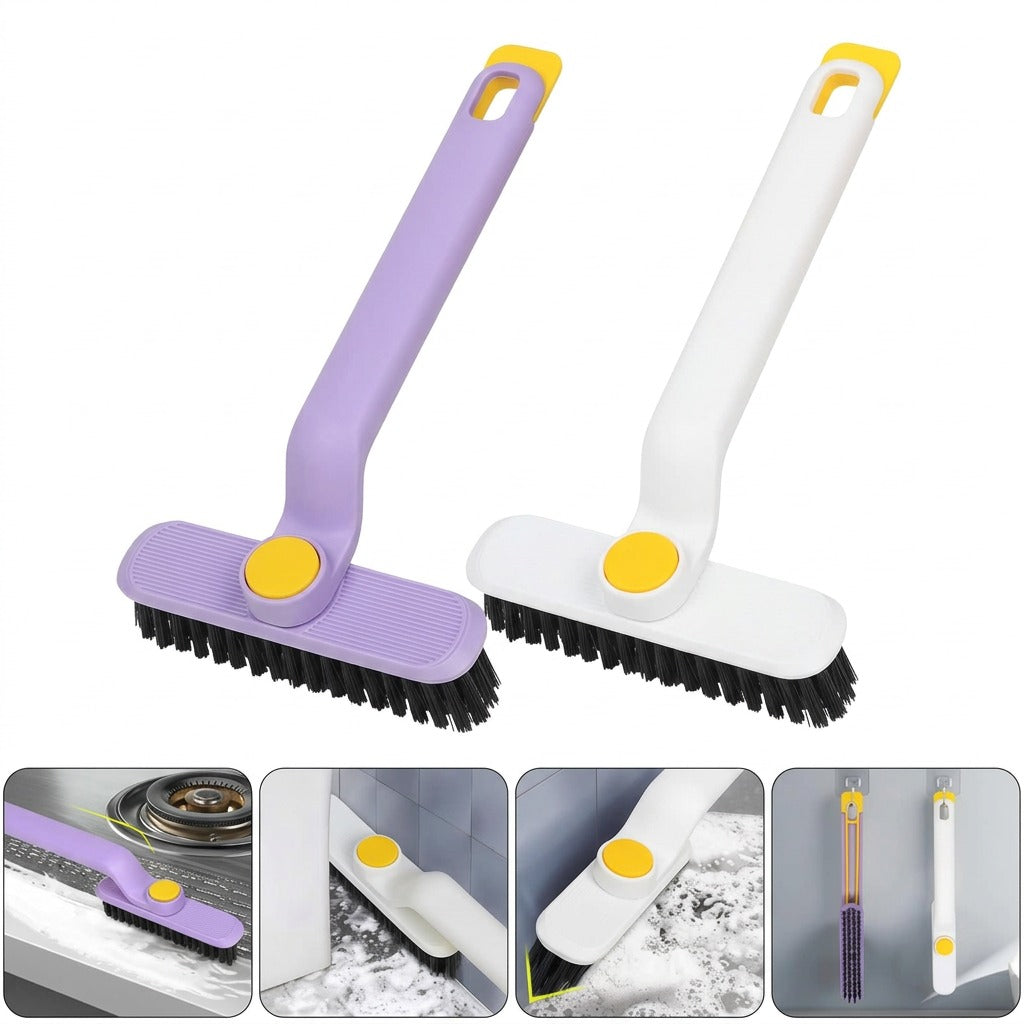 A multi-function rotating cleaning brushes with an adjustable head, designed to scrub tiles, corners, and tight crevices, featuring a built-in scraper for removing tough dirt and grime.