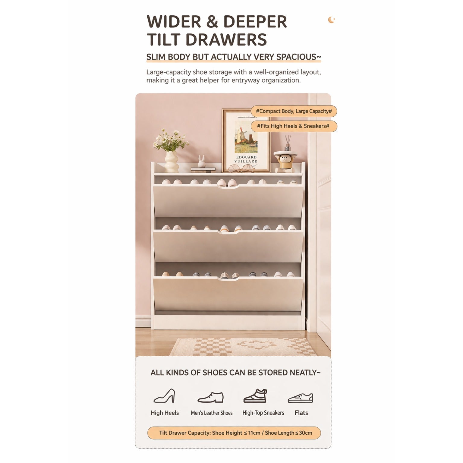 A slim shoe cabinet with flip drawers that neatly stores shoes while saving space, with a top surface for décor or essentials.