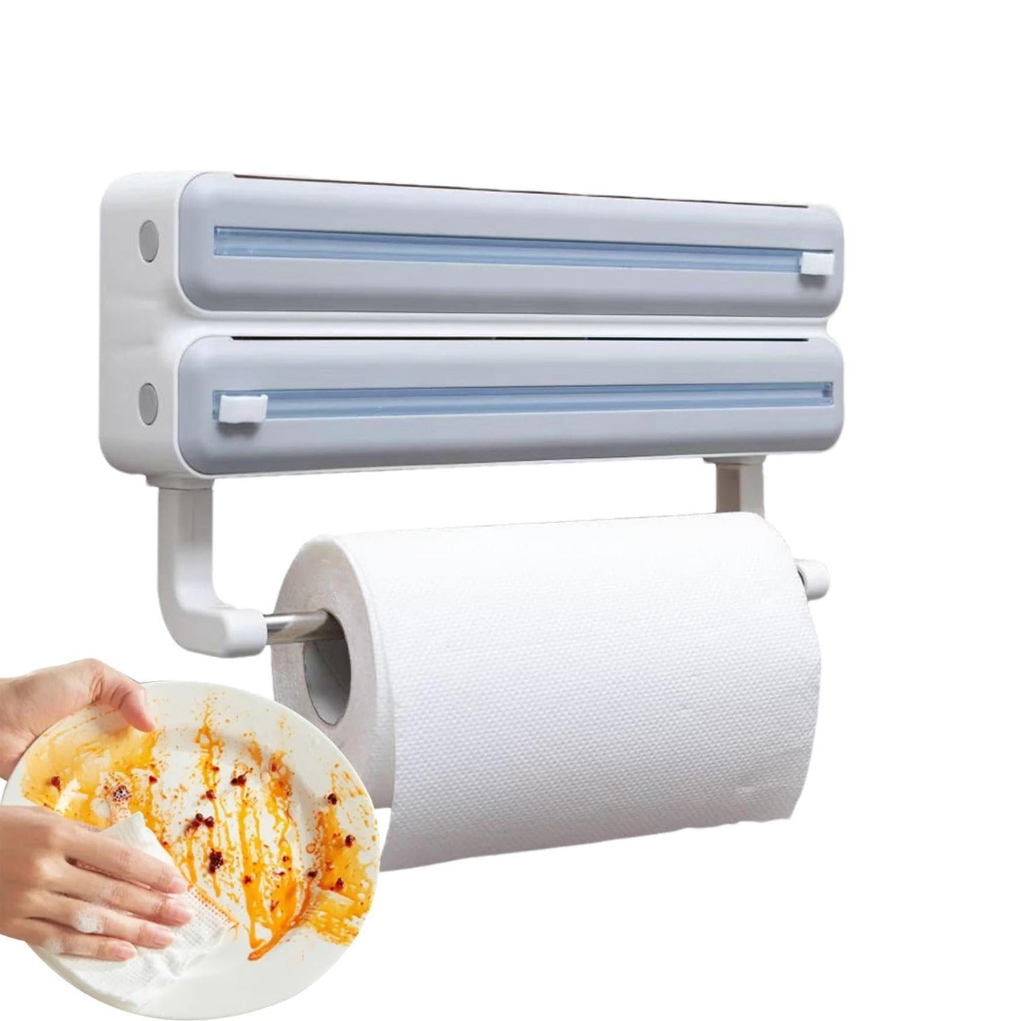 A wall-mounted triple paper dispenser designed for kitchen convenience, featuring separate slots for cling film, aluminum foil, and paper towels. It includes built-in sliding cutters for smooth, precise tearing, while the bottom holder neatly dispenses paper towels—making food prep and cleanup quick and organized.