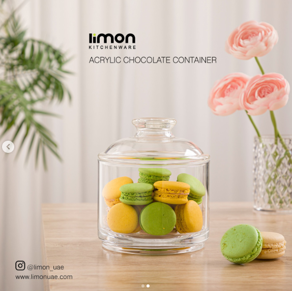 Acrylic Chocolate Container Filled with Macrons.