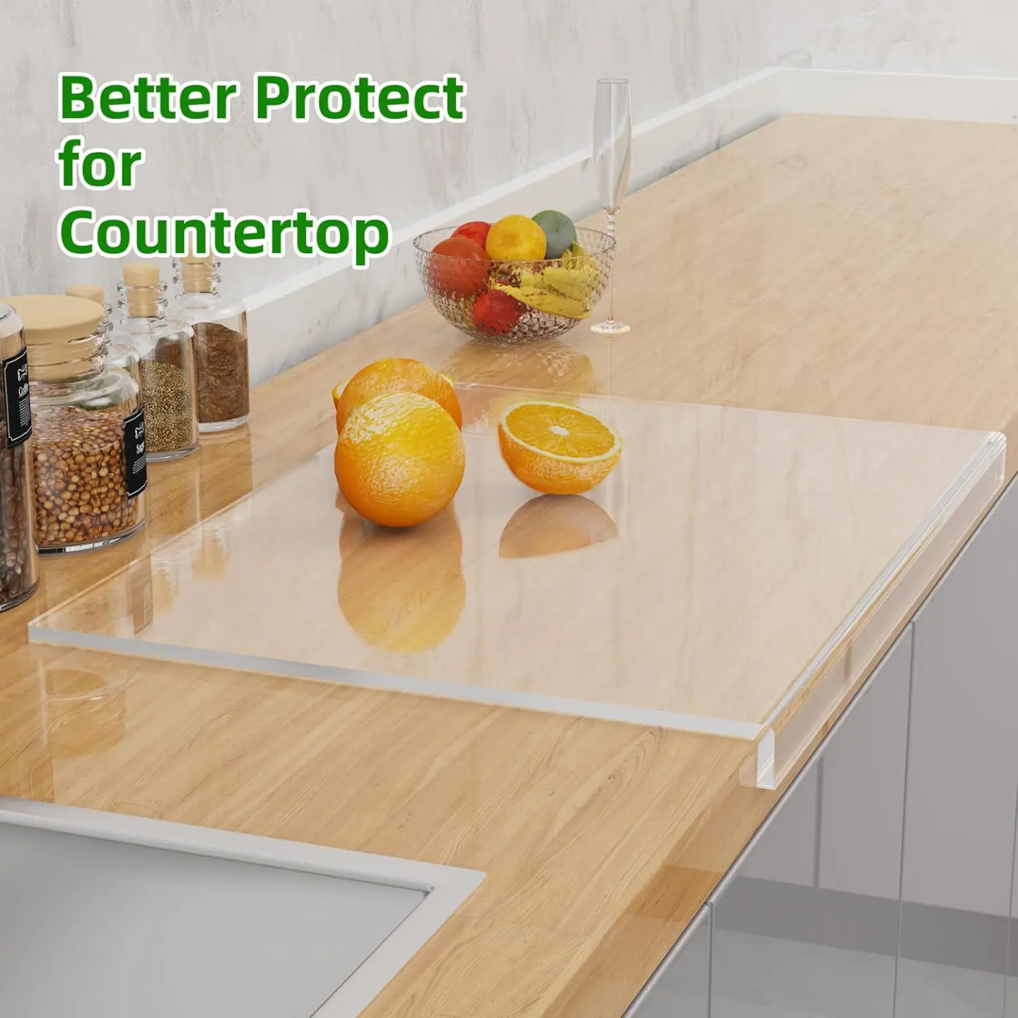 An Acrylic Cutting Board with Fruits are Attached on a Kitchen Countertop.