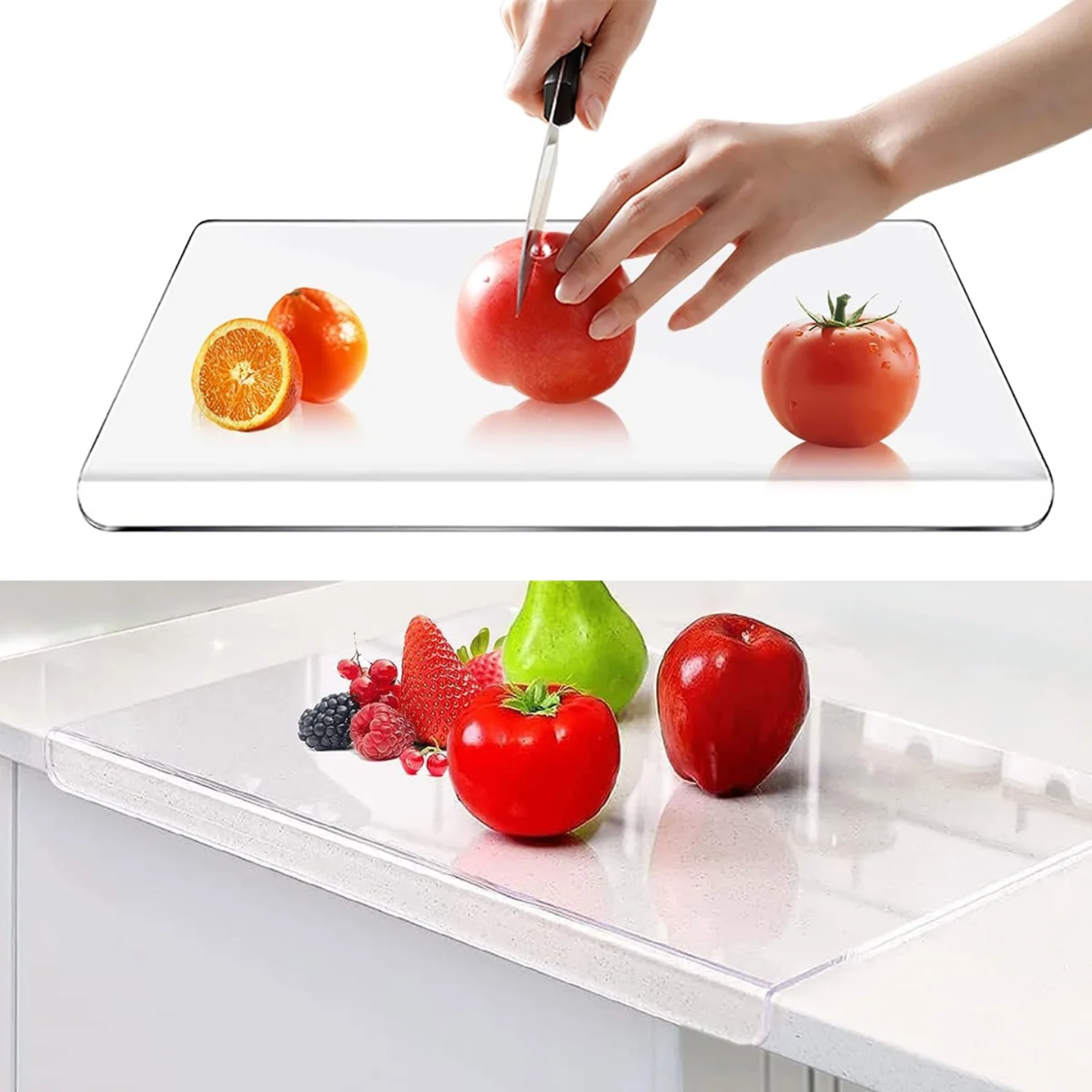 A Person is Cutting Fruits On an Acrylic Cutting Board.