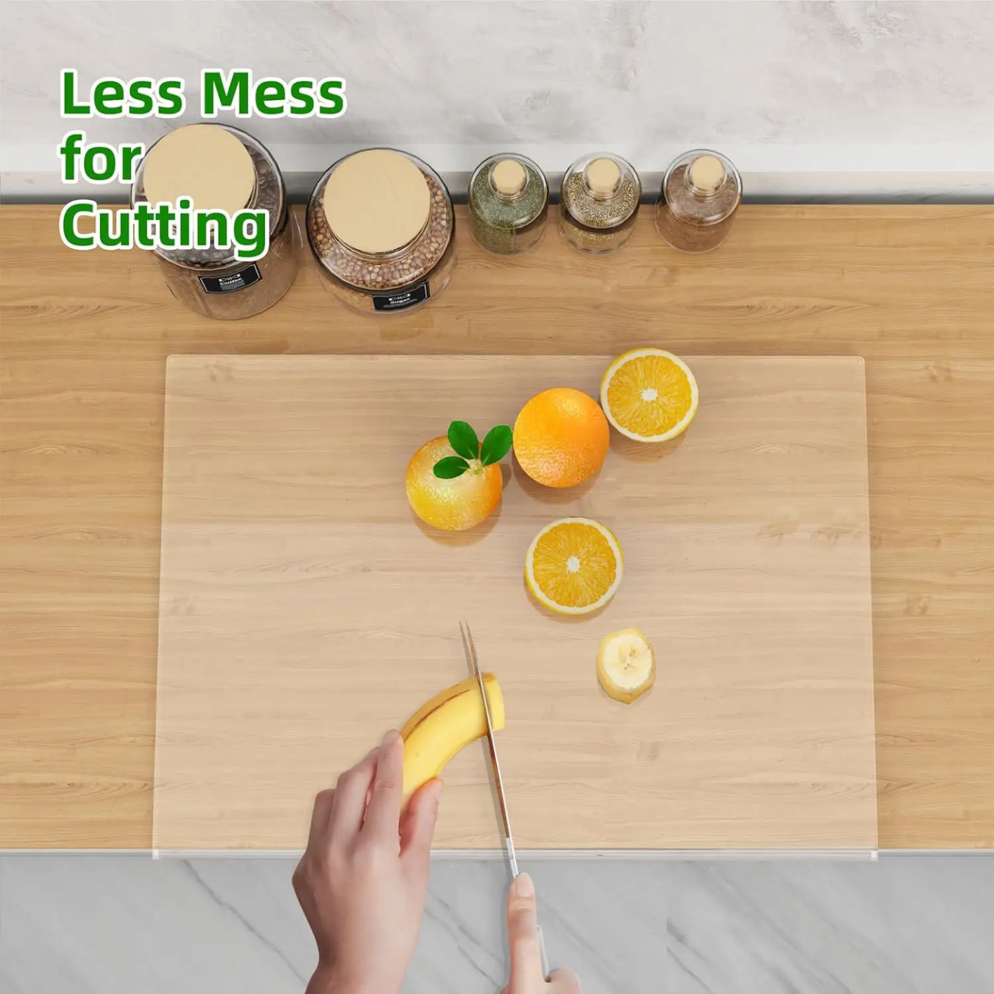 A Person is Cutting Fruits On an Acrylic Cutting Board Attached on a Kitchen Countertop.