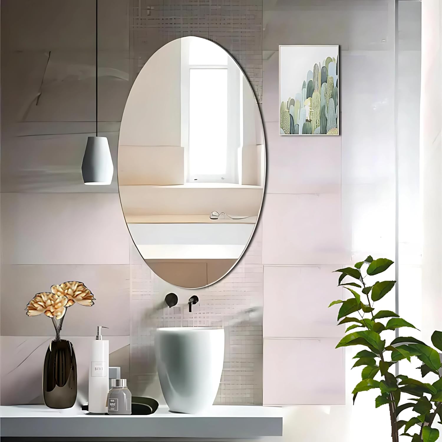 An Adhesive Mirror Wall Sticker is Fixed on a Wall Near Washing Area.