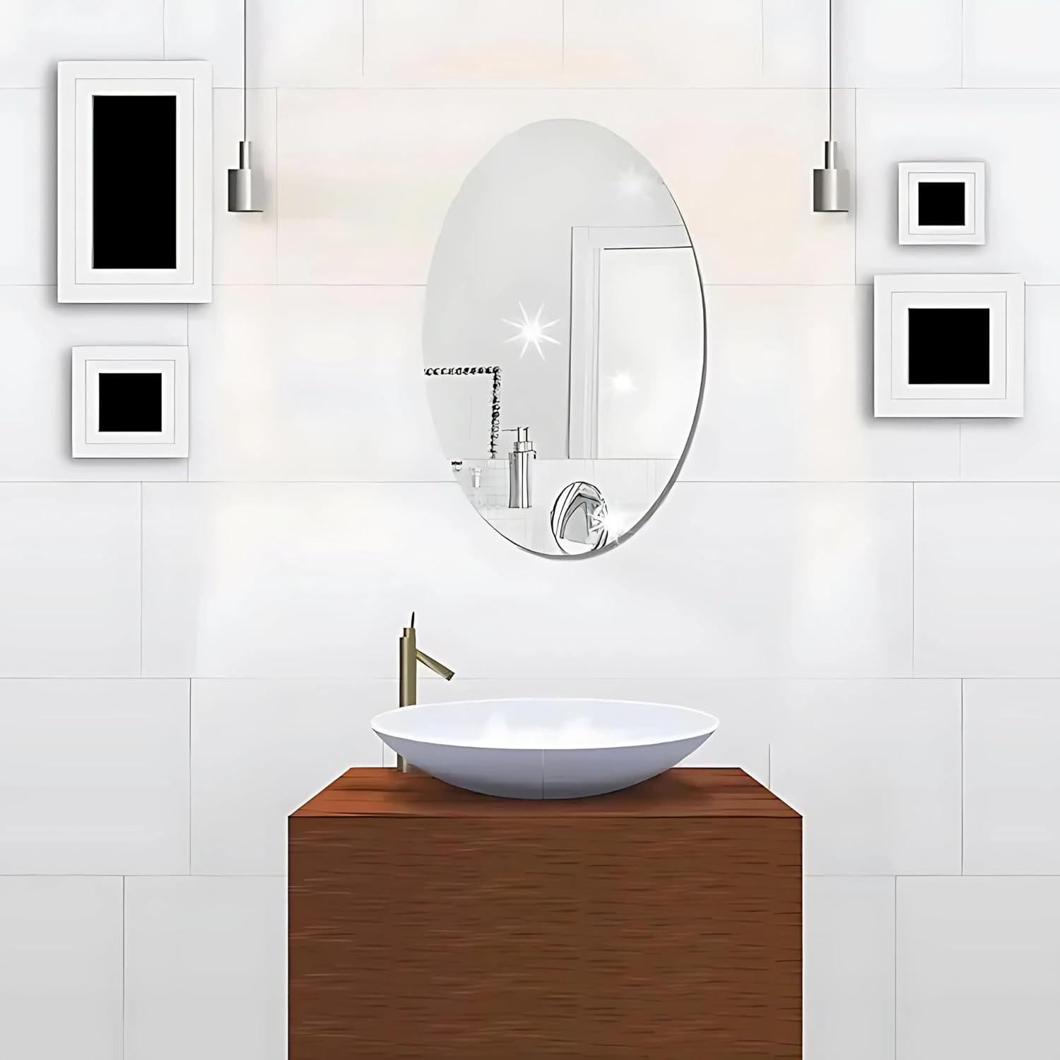 An dhesive Mirror Wall Sticker is Fixed on a Wall Near Washbasin.