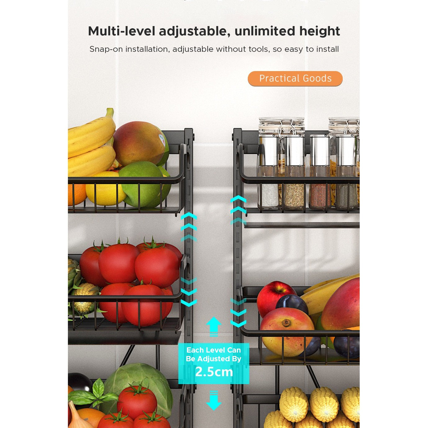 Adjustable Fruit Vegetable Basket Cart with multilevel adjustable design, offering unlimited height options