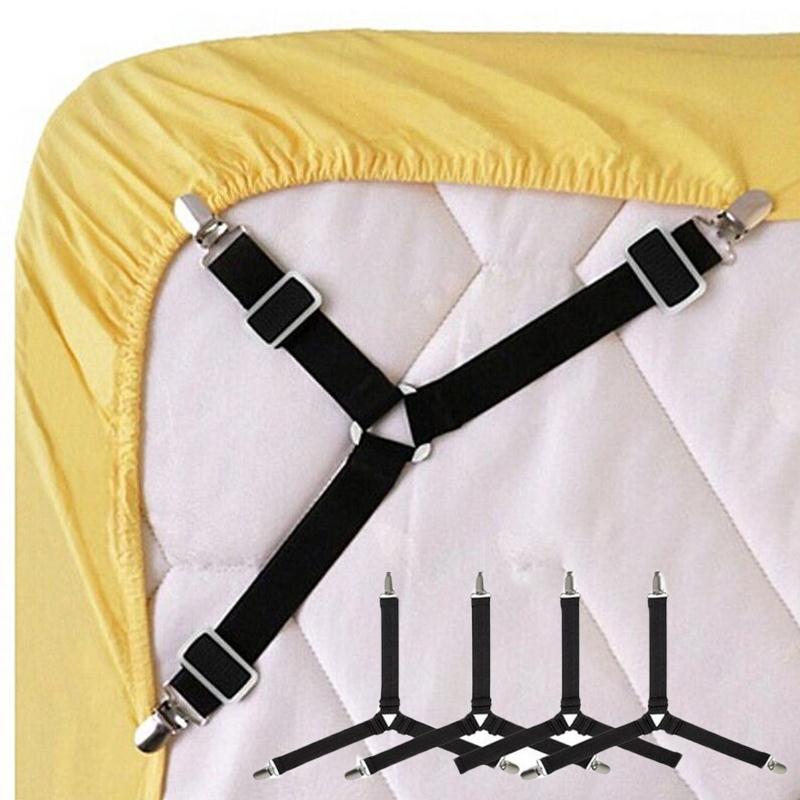 Triangle Elastic Suspenders with Gripper Clips for Bedsheets, Mattresses is clipped on bedsheet