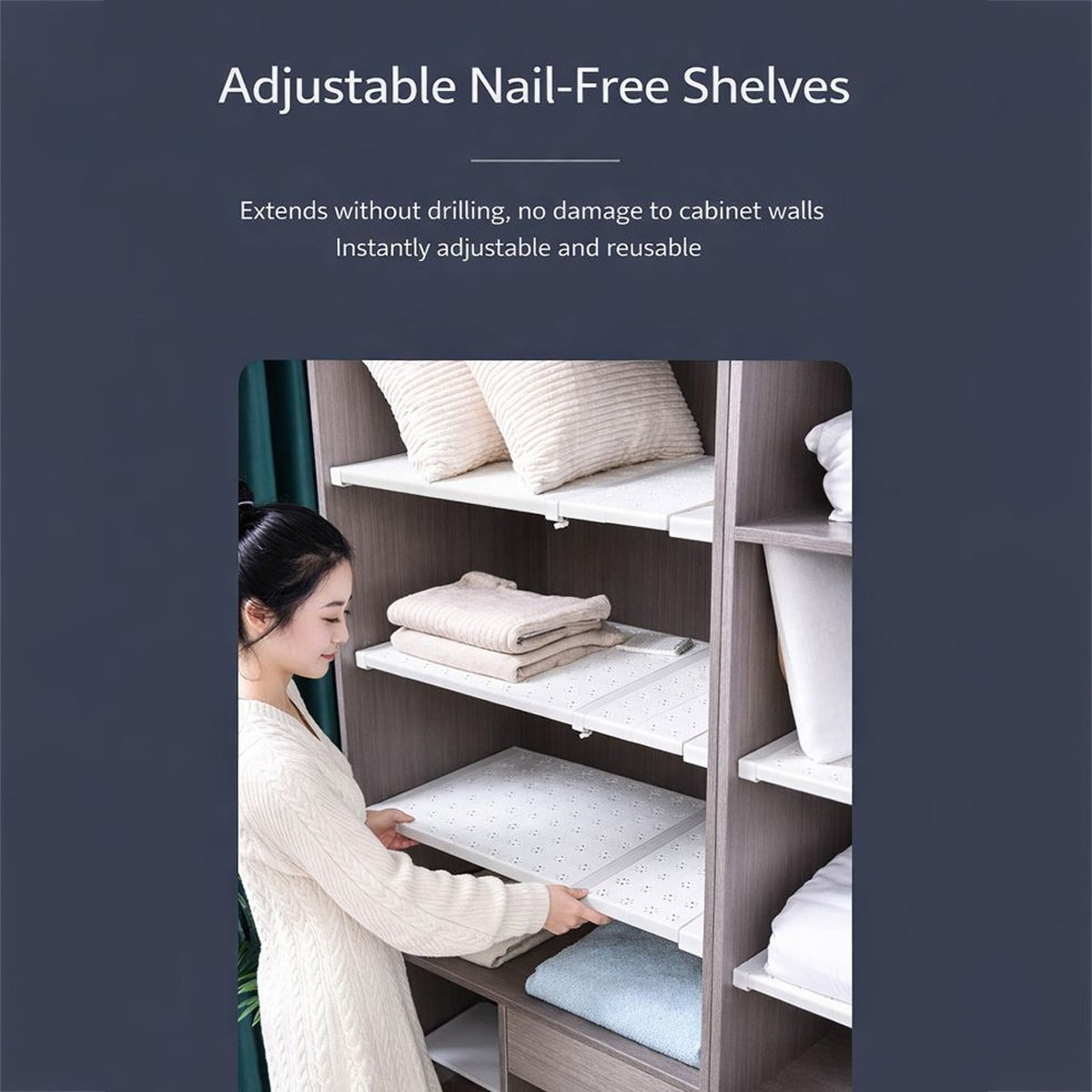 A Woman is Fixing Adjustable Cabinet Shelf Divider Organizer Inside a Wardrobe.