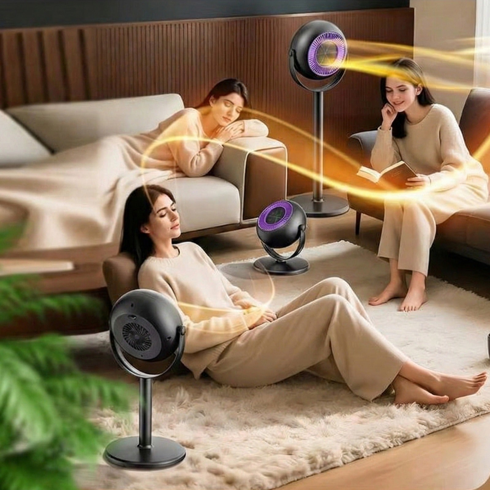 A Woman is using Adjustable Floor Standing Heater at different positions.