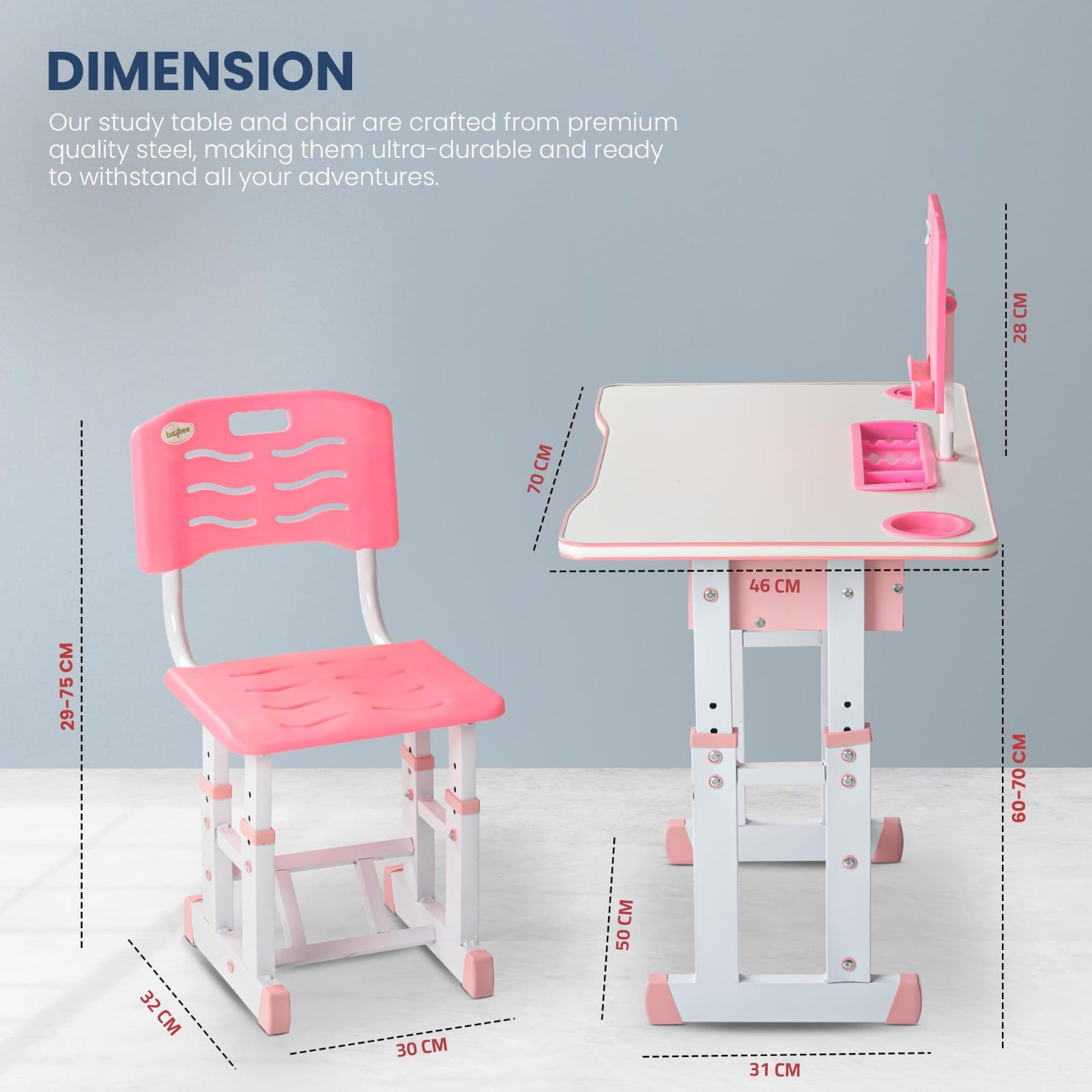 Size Of Adjustable Kids Study Table and Chair Set.
