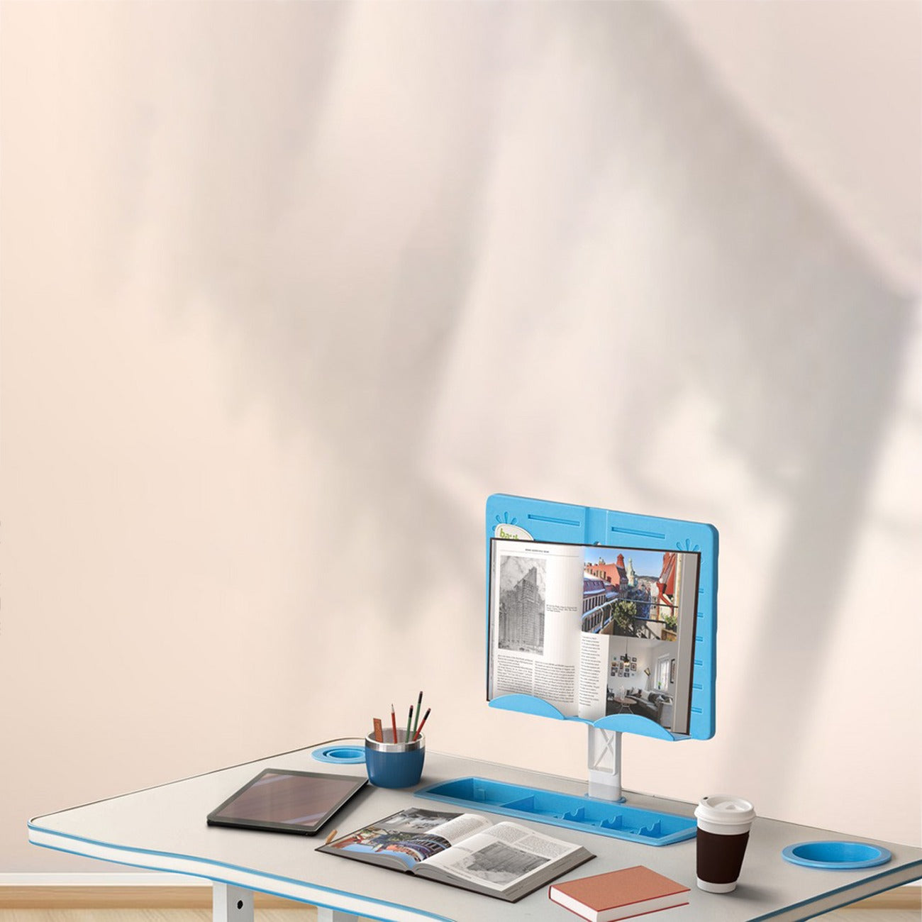 An Adjustable Kids Study Table and Chair Set is Organized with Study Materials.