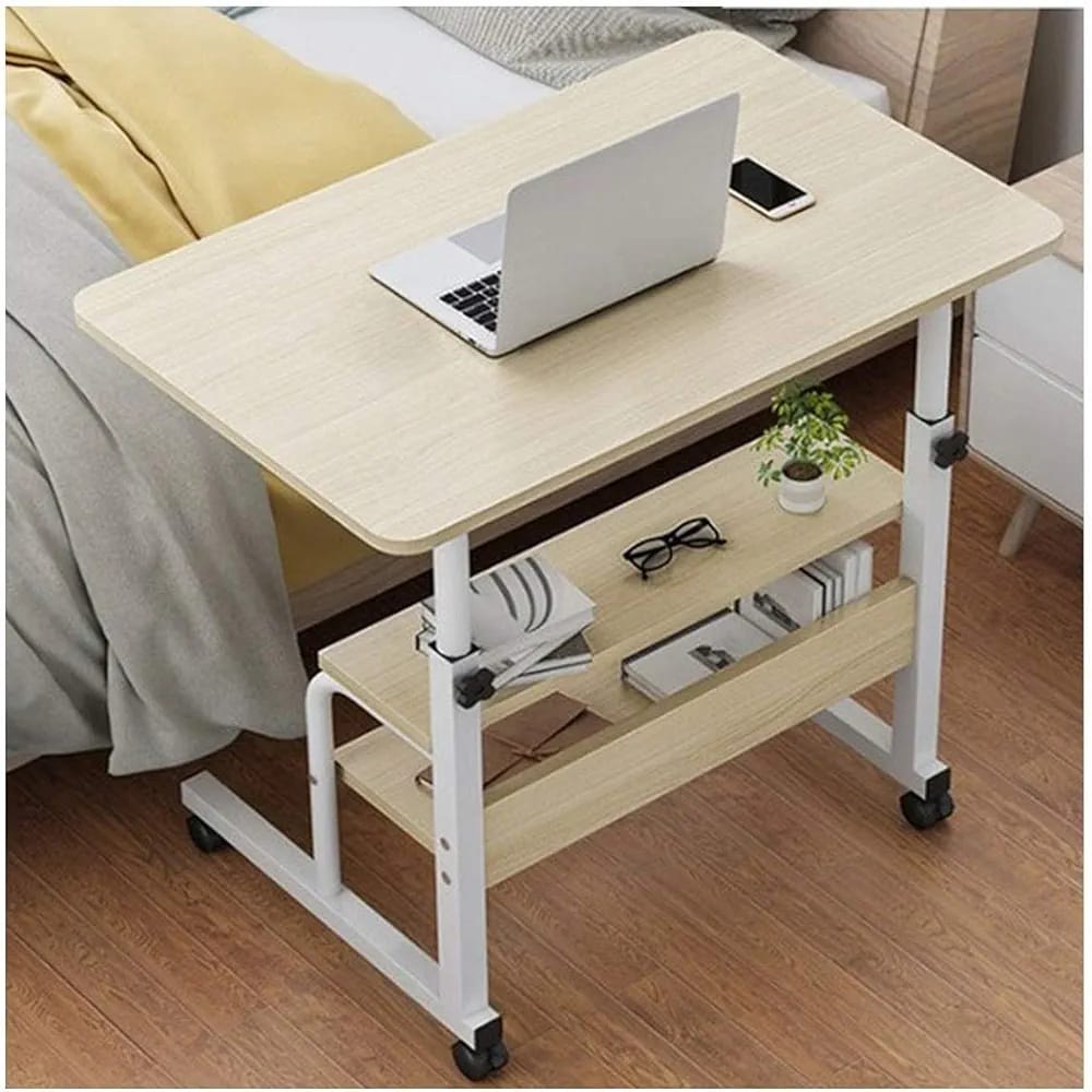Adjustable Laptop Computer Desk with Bottom Shelf Placed Near Bedside.