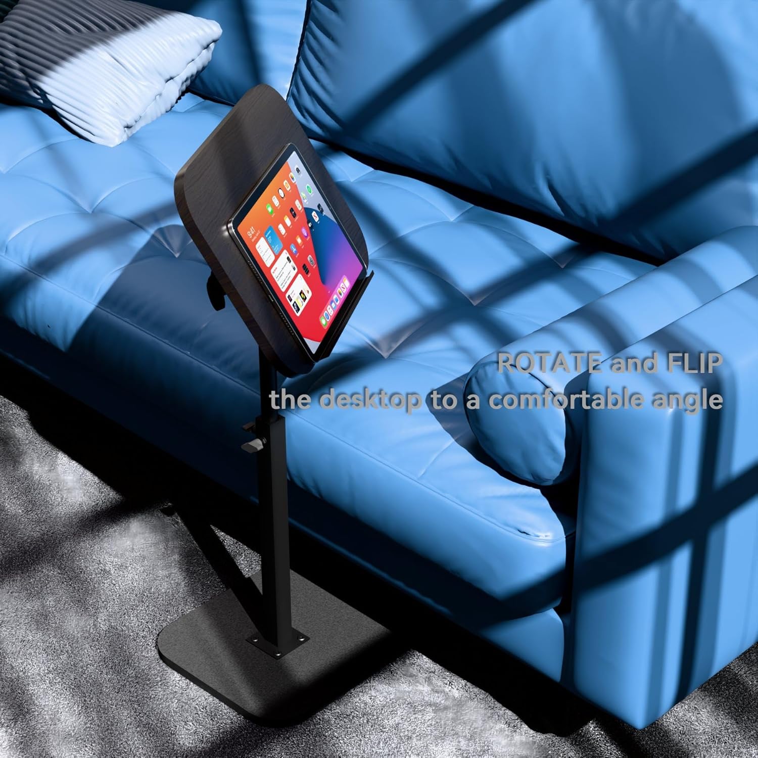 A Adjustable Laptop Table with Tablet is Placed Near Sofa.