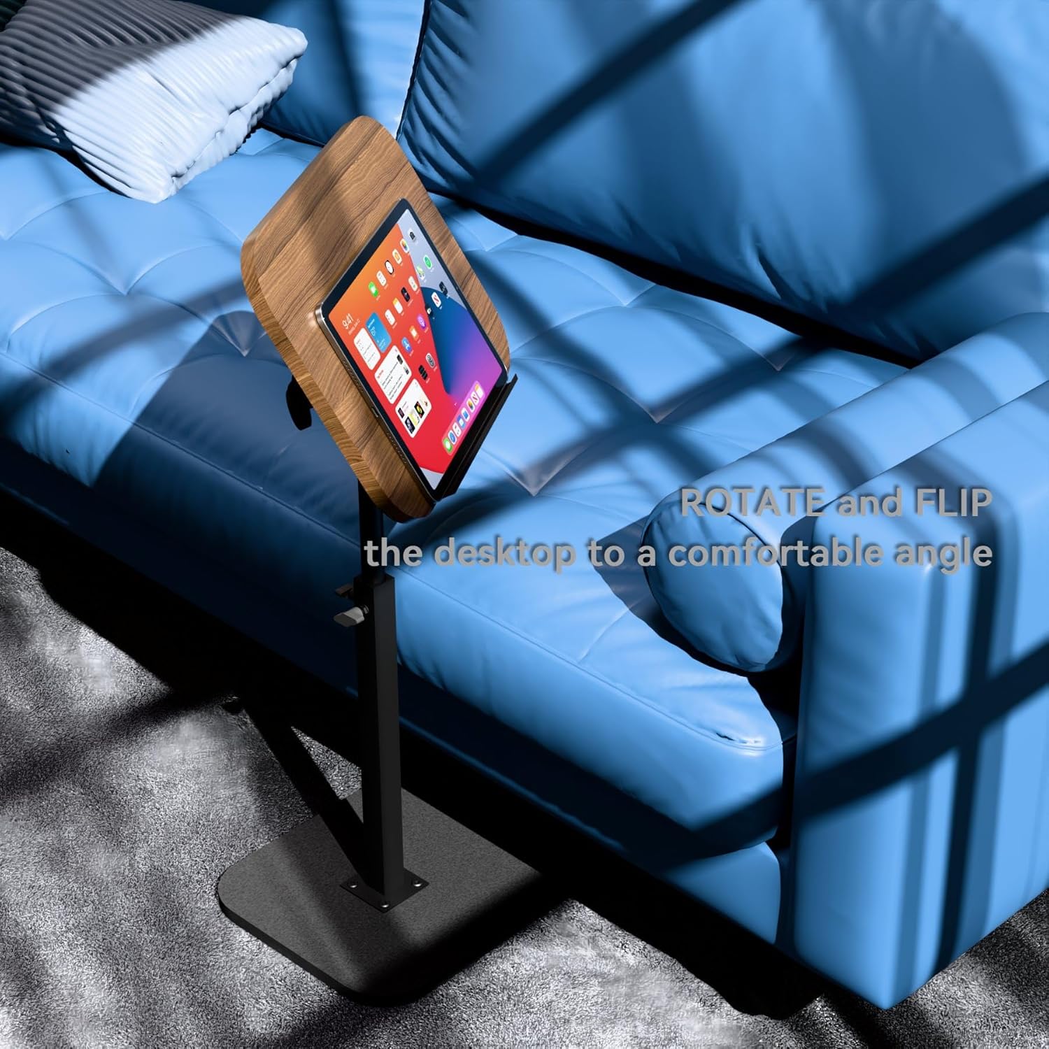 A Adjustable Laptop Table with Tablet is Placed Near Sofa.