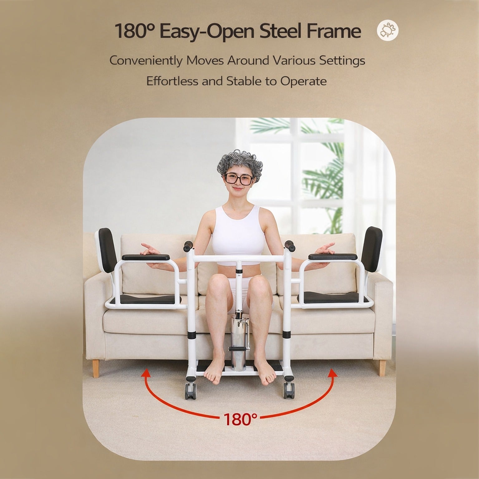 A Person is Demonstrating the Easy Open Steel Frame of Adjustable Patient Lift Transfer Chair.