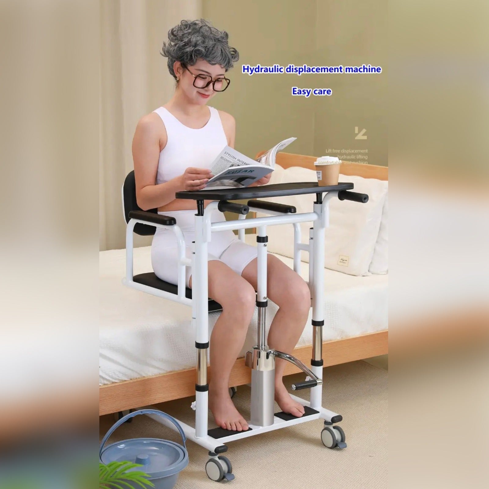 A Person is Sitting and Reading on a Adjustable Patient Lift Transfer Chair