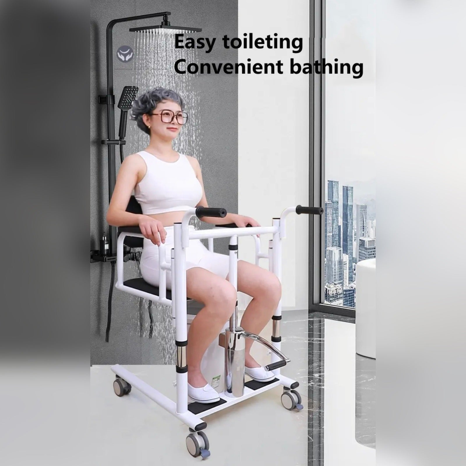 A Person is Sitting in a Adjustable Patient Lift Transfer Chair and taking shower.