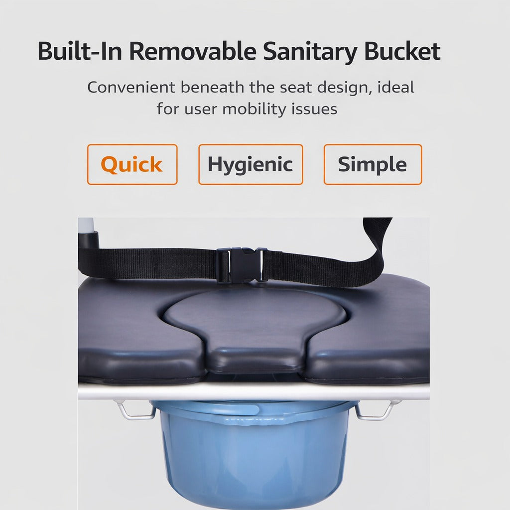 Removable Sanitary Bucket of Adjustable Shower Commode Chair with Wheels.