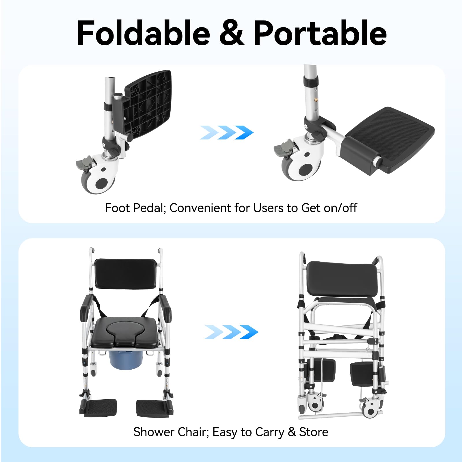 Folding of Adjustable Shower Commode Chair.