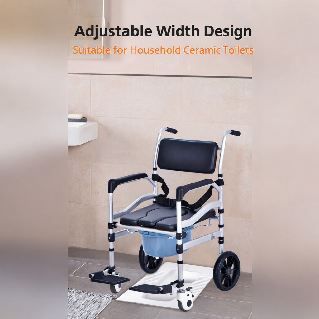 An Adjustable Shower Commode Chair is Placed Above Toilet Seat.