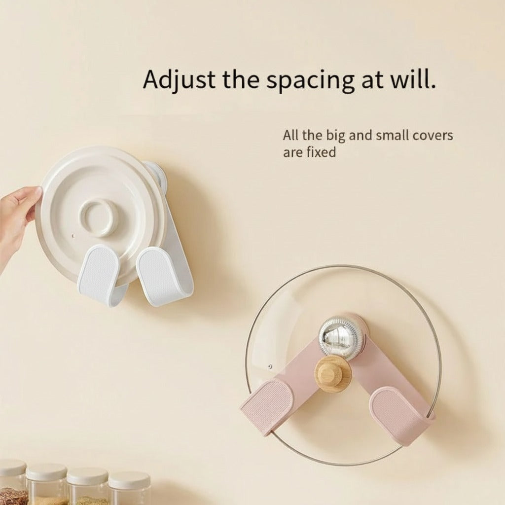 Two kitchen lid holders on a beige background and person is adjusting it.